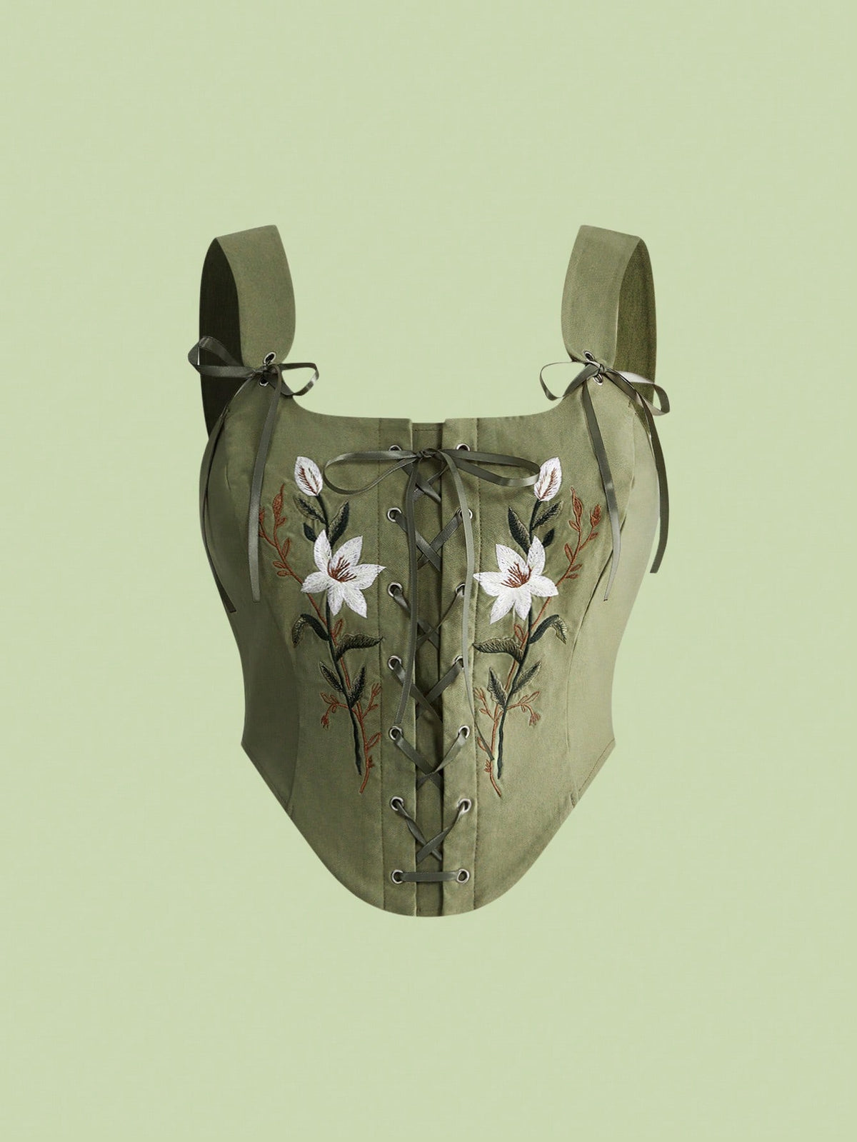 Green plus size floral embroidered camisole crop top featuring lace-up eyelets and an asymmetrical hem.