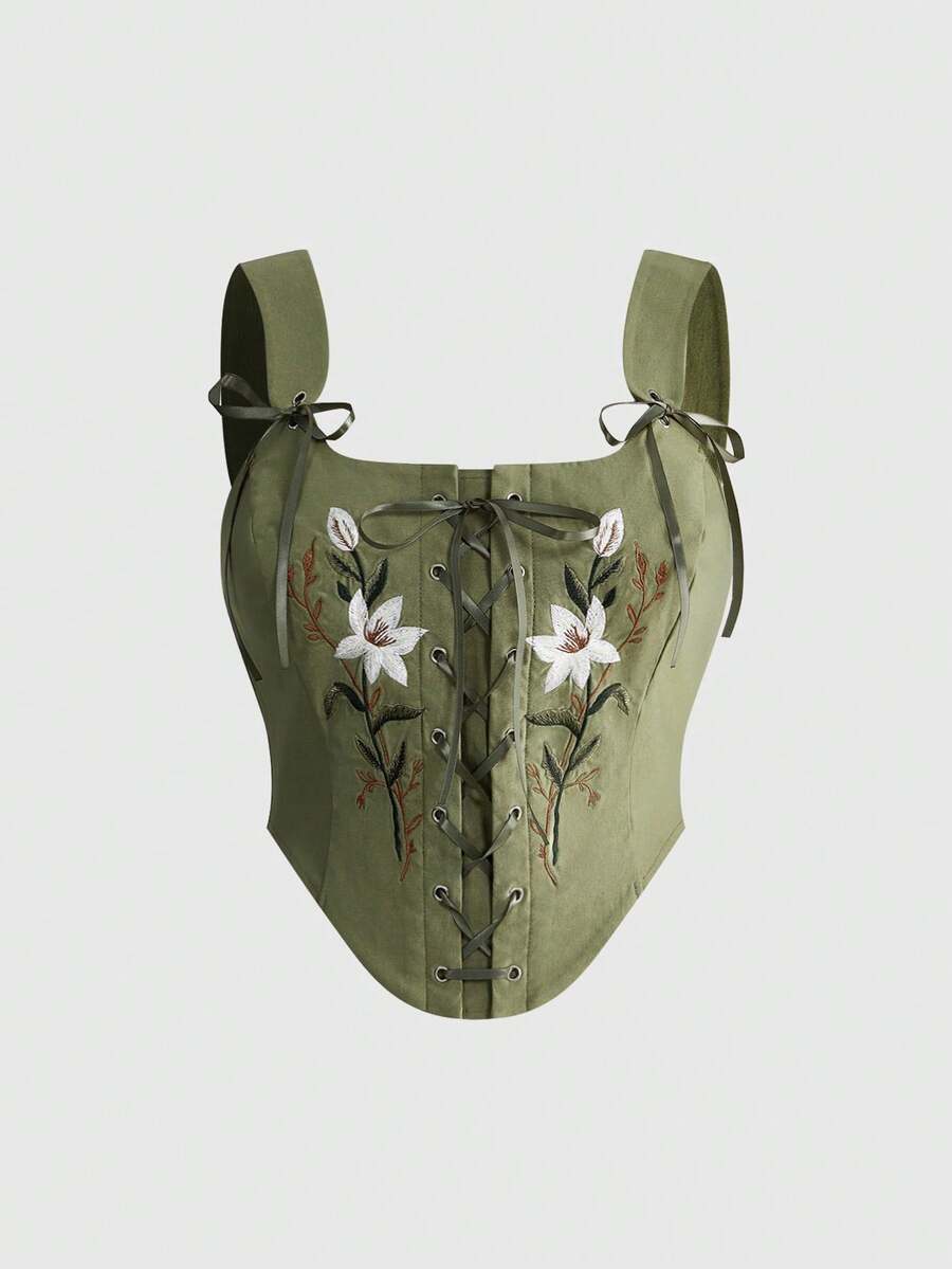 Green plus size floral embroidered camisole crop top featuring lace-up eyelets and an asymmetrical hem.