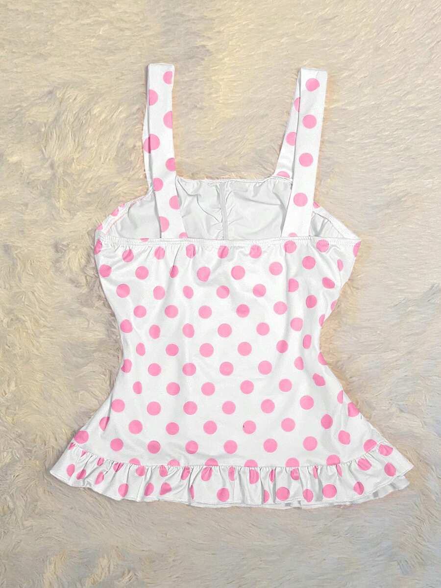 Women's retro slim-fit crop top featuring wide straps, ruched shirred detailing, asymmetrical ruffle hem, and cute bow accent.