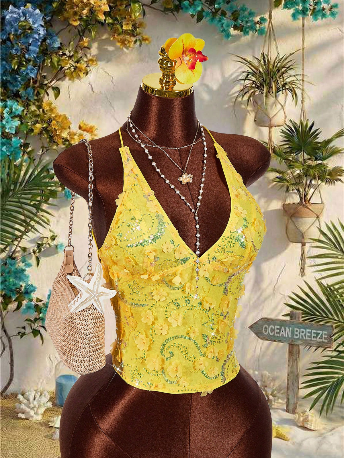 Women's embroidered sequin halter cami top featuring a deep V-neck, backless party design, and slim fit silhouette.