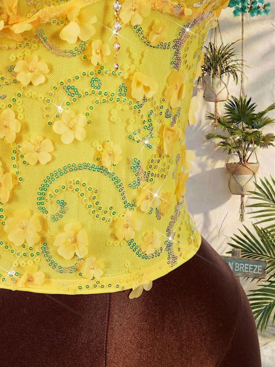Women's embroidered sequin halter cami top featuring a deep V-neck, backless party design, and slim fit silhouette.