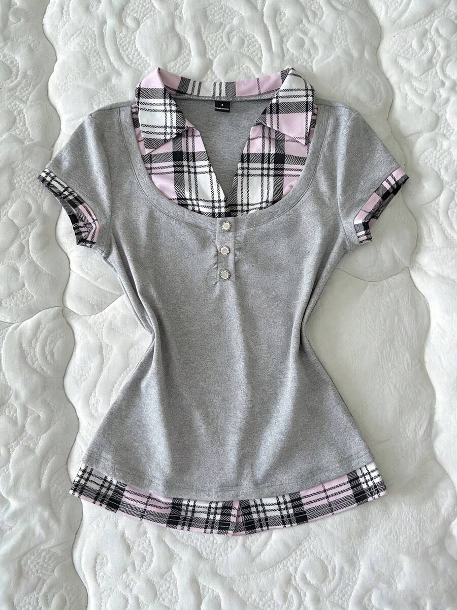 Women's black short sleeve slim fit 2-in-1 t-shirt with a plaid patchwork shirt collar detail.