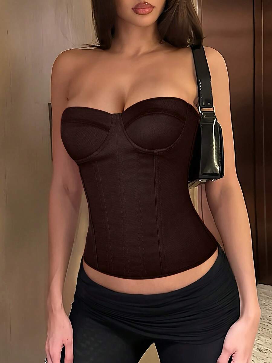 Solid color strapless corset tube top featuring a backless lace-up back design and cropped slim fit.