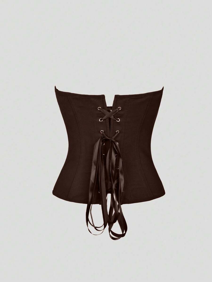 Solid color strapless corset tube top featuring a backless lace-up back design and cropped slim fit.