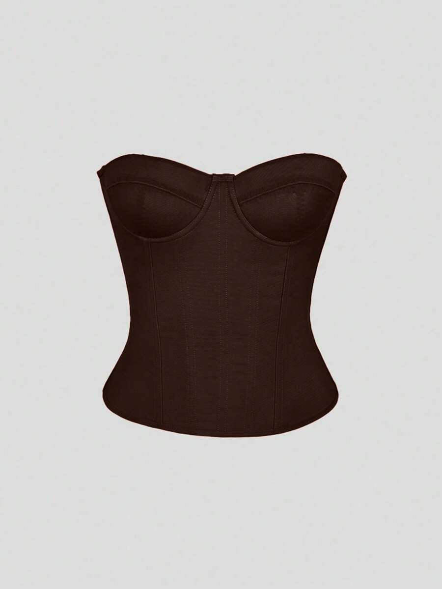Solid color strapless corset tube top featuring a backless lace-up back design and cropped slim fit.