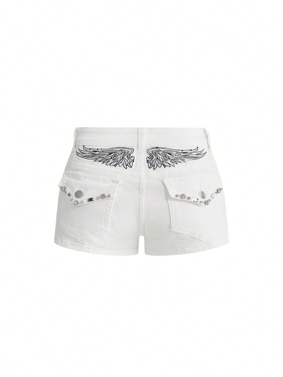 Blue ultra low waist mini shorts with ripped details, zipper fly, button closure, back wing embroidery, and rhinestone decor in a Y2K grunge punk style.