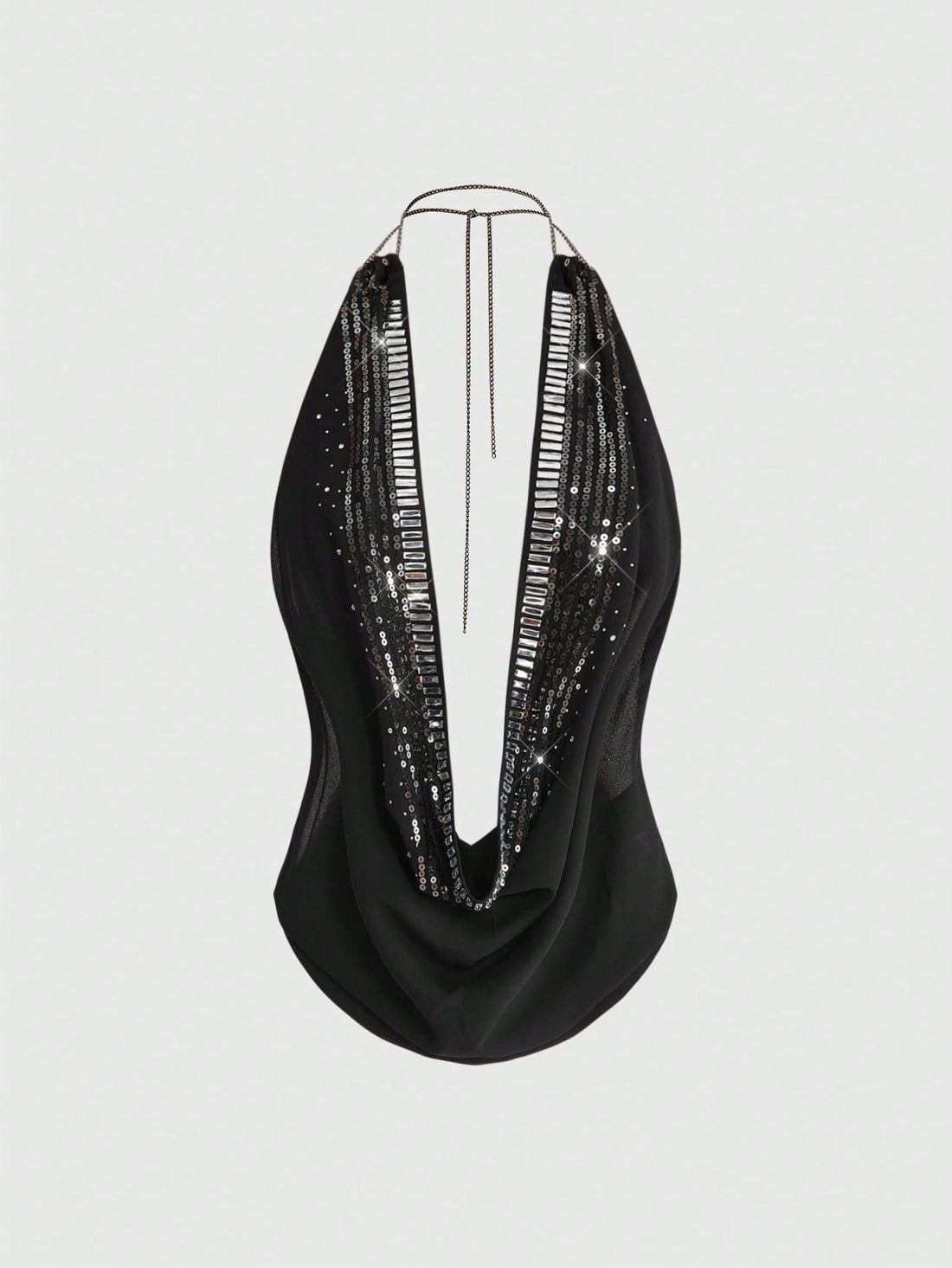 Women's draped neck backless halter crop tank top with studded details, letter pattern, semi-sheer chiffon fabric, and slim fit party style