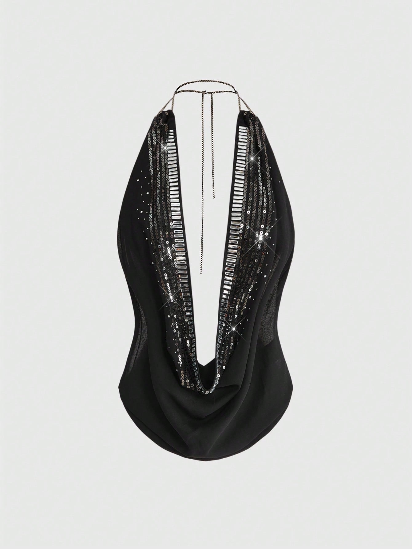 Women's draped neck backless halter crop tank top with studded details, letter pattern, semi-sheer chiffon fabric, and slim fit party style