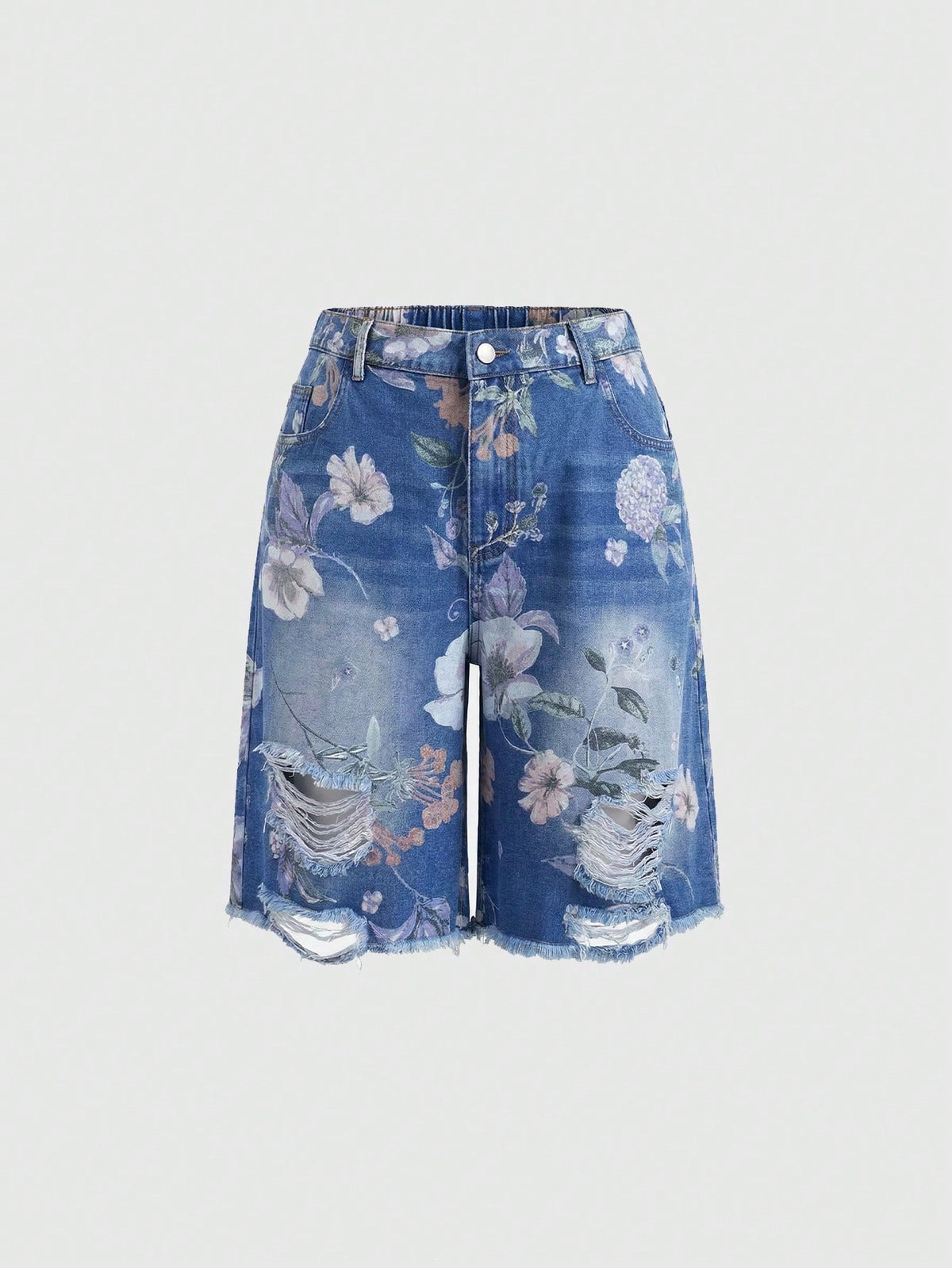 Women's loose wide-leg denim Bermuda shorts featuring vintage animal and paisley print with pockets and zipper fly.