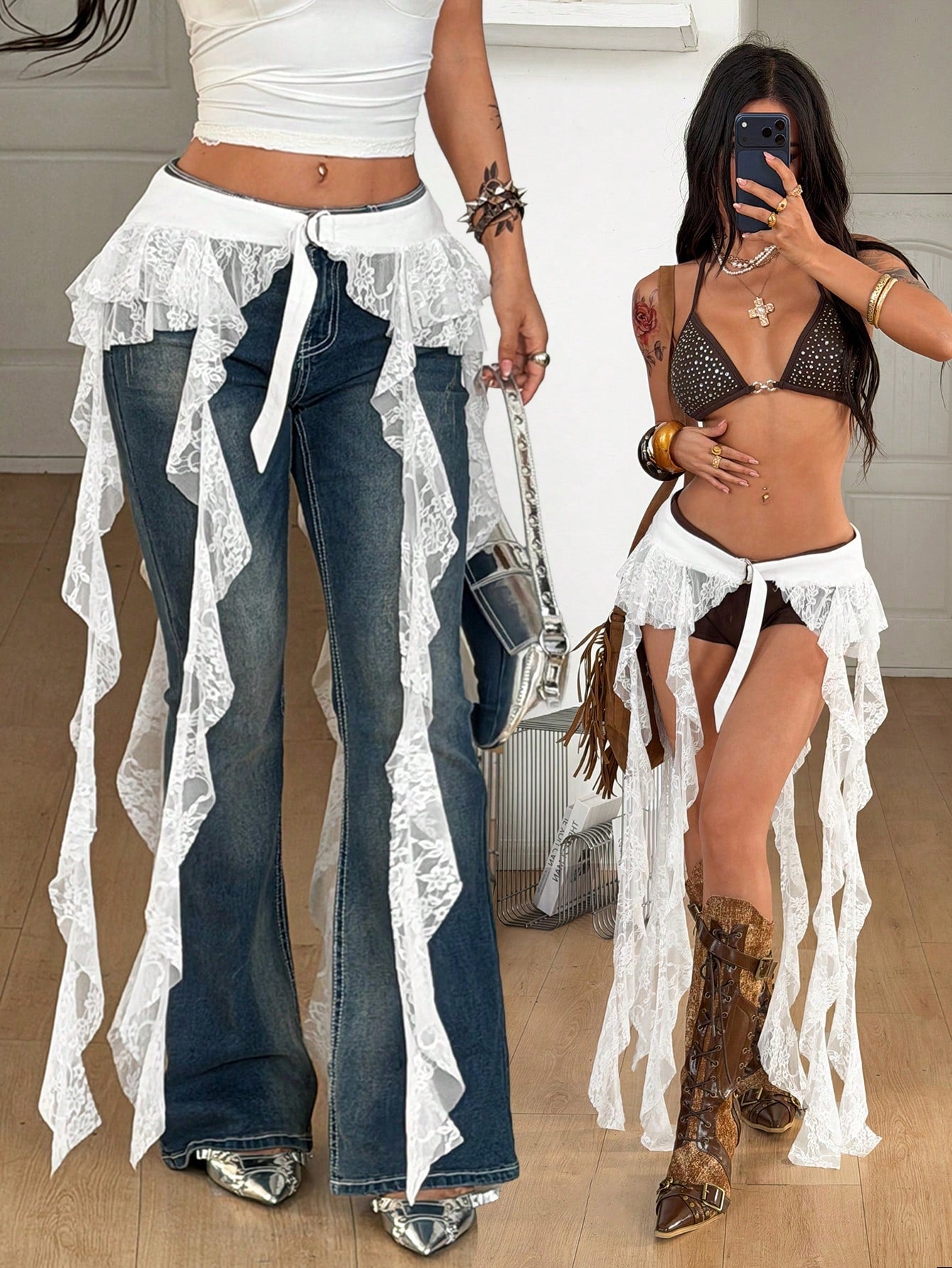 Women's black semi-sheer lace asymmetrical skirt with fringe details, contrast lace, low waist, and ruffle hem for beach, party, concert, or festival outfits.