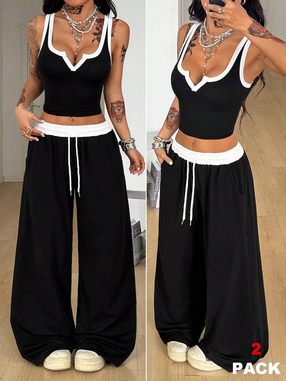 Women's black and white two-piece casual outfit featuring a colorblock notched camisole tank top and matching extra-long drawstring pants.