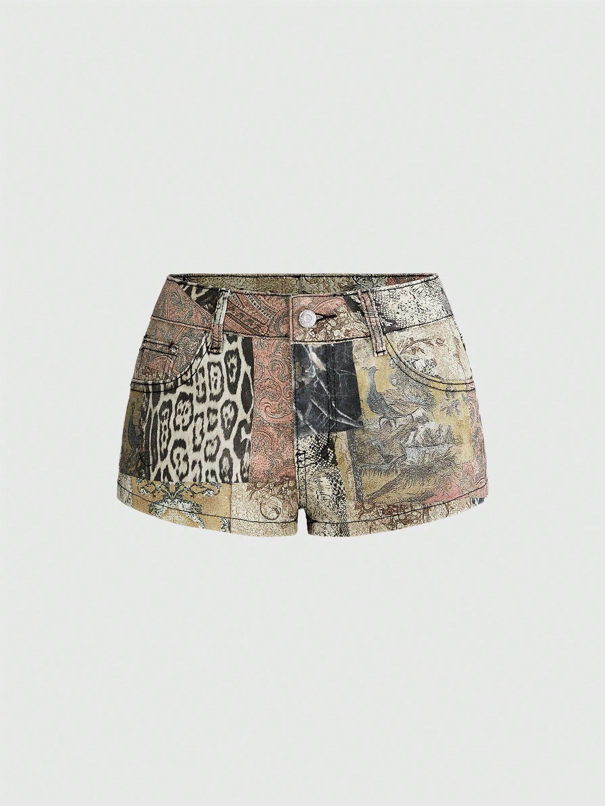 Vintage animal print ultra low waist mini shorts featuring button zipper closure, pockets, and regular fit.