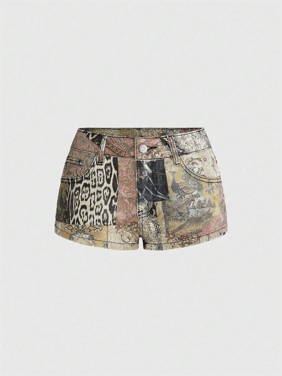 Vintage animal print ultra low waist mini shorts featuring button zipper closure, pockets, and regular fit.