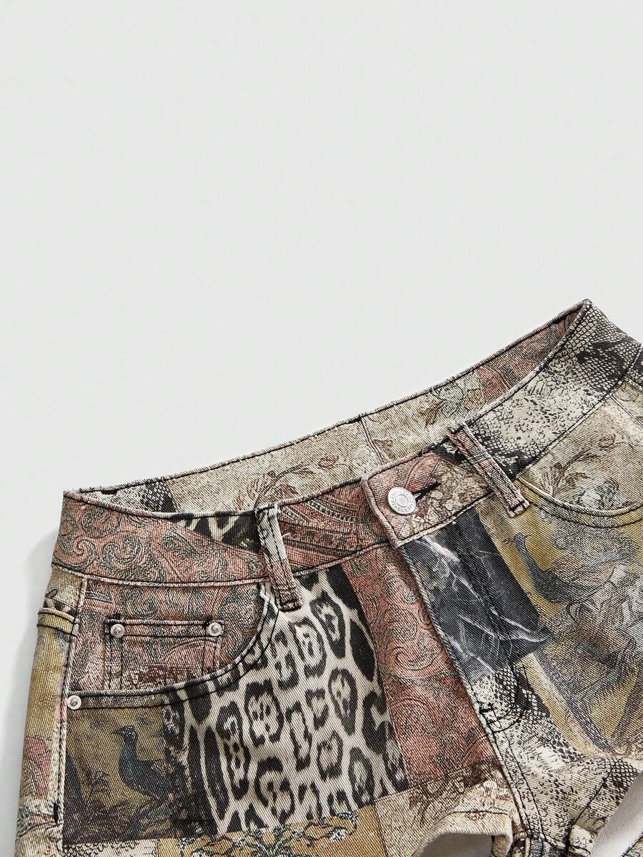 Vintage animal print ultra low waist mini shorts featuring button zipper closure, pockets, and regular fit.