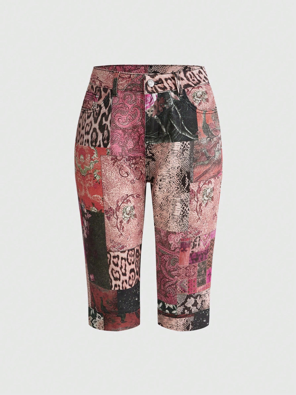 Women's leopard and floral print denim capri jeans featuring an ultra low waist and zipper fly closure.