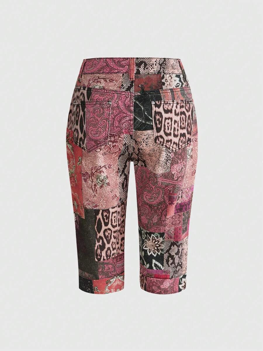 Women's leopard and floral print denim capri jeans featuring an ultra low waist and zipper fly closure.