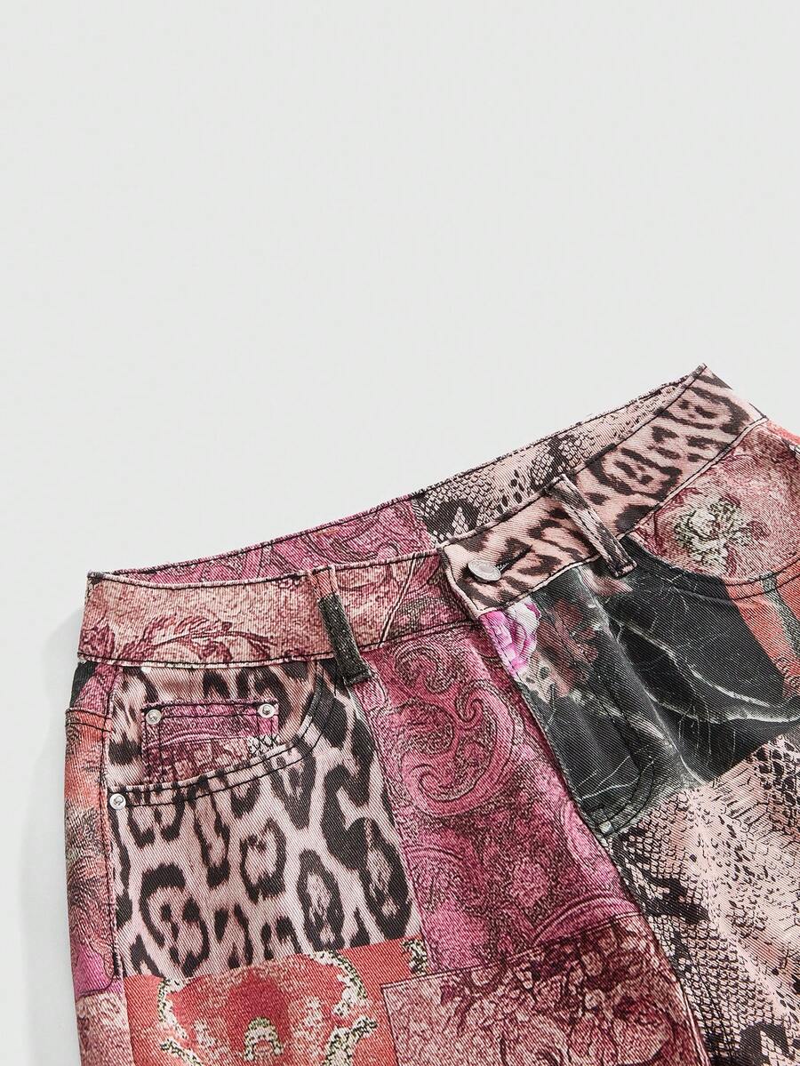 Women's leopard and floral print denim capri jeans featuring an ultra low waist and zipper fly closure.