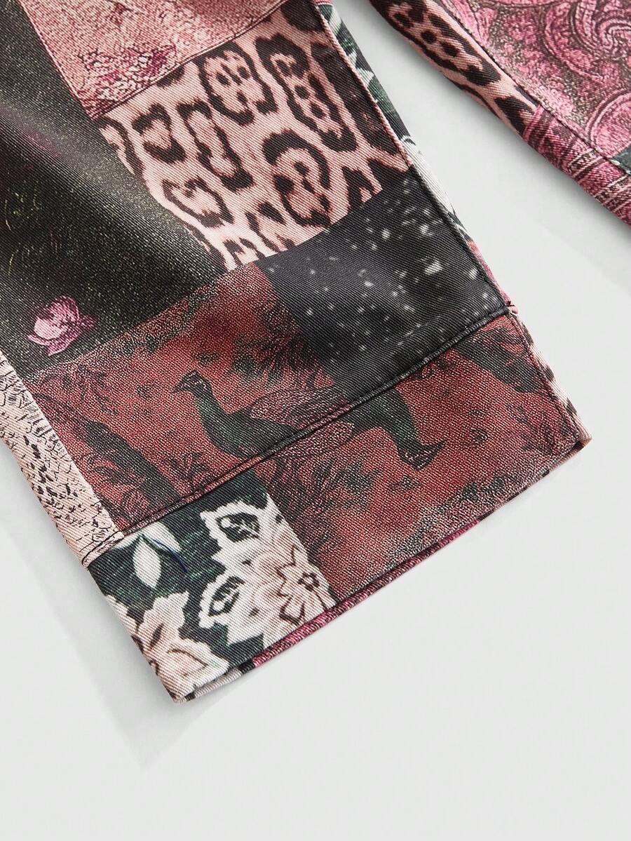 Women's leopard and floral print denim capri jeans featuring an ultra low waist and zipper fly closure.