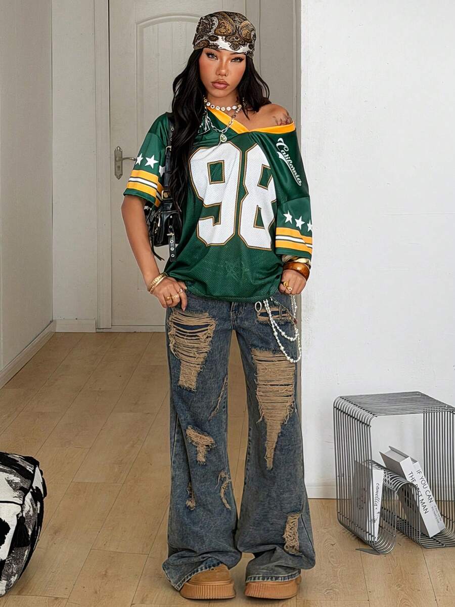 Green short sleeve graphic jersey t-shirt with V-neck and oversized fit