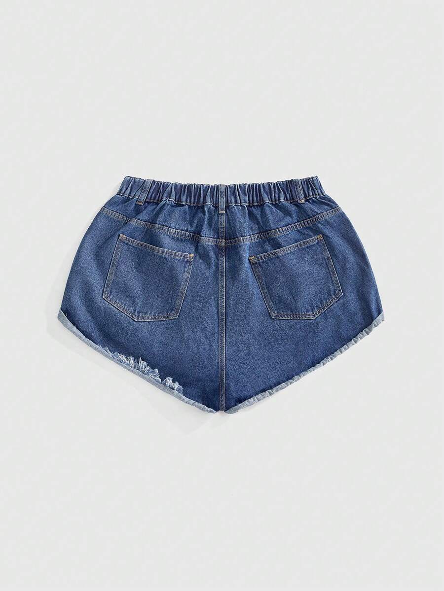 Front view of women's ripped denim shorts featuring raw hem, zipper fly, and pockets