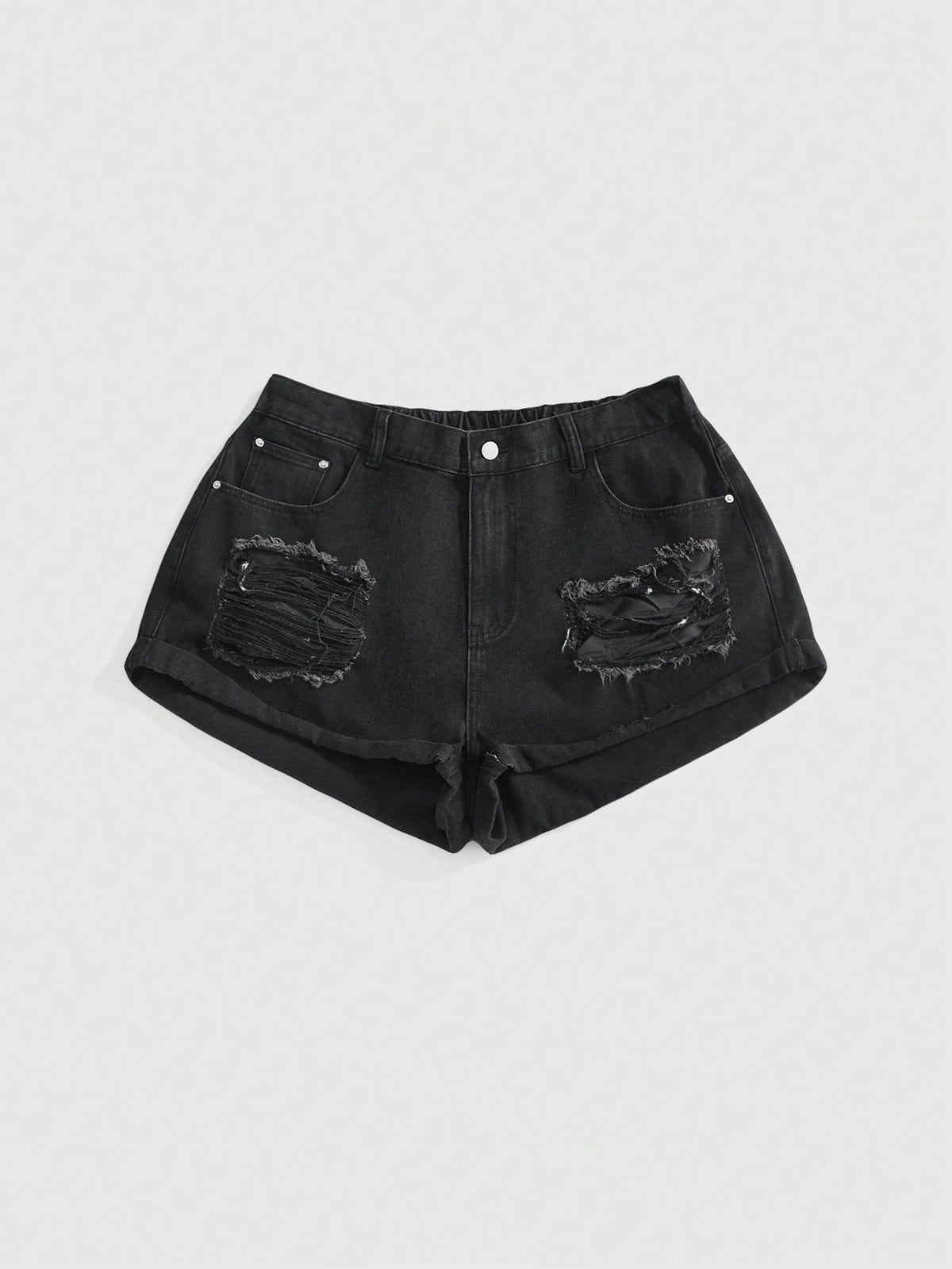 Front view of women's ripped denim shorts featuring raw hem, zipper fly, and pockets