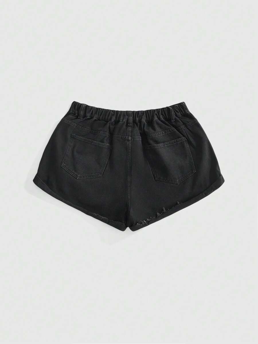 Front view of women's ripped denim shorts featuring raw hem, zipper fly, and pockets