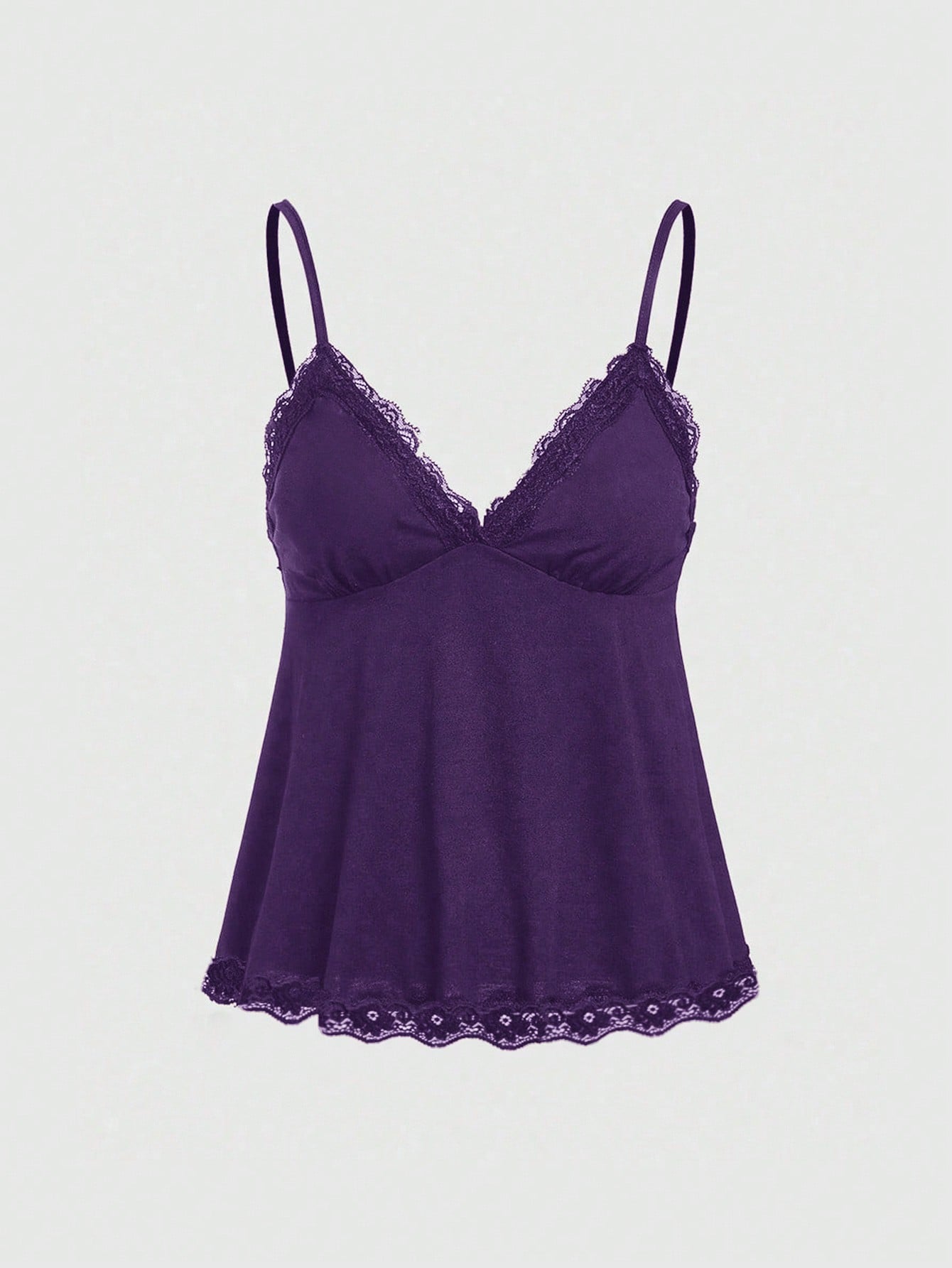 Women's spaghetti strap camisole with contrast lace patchwork, slim fit silhouette, plain design, and flared hem.