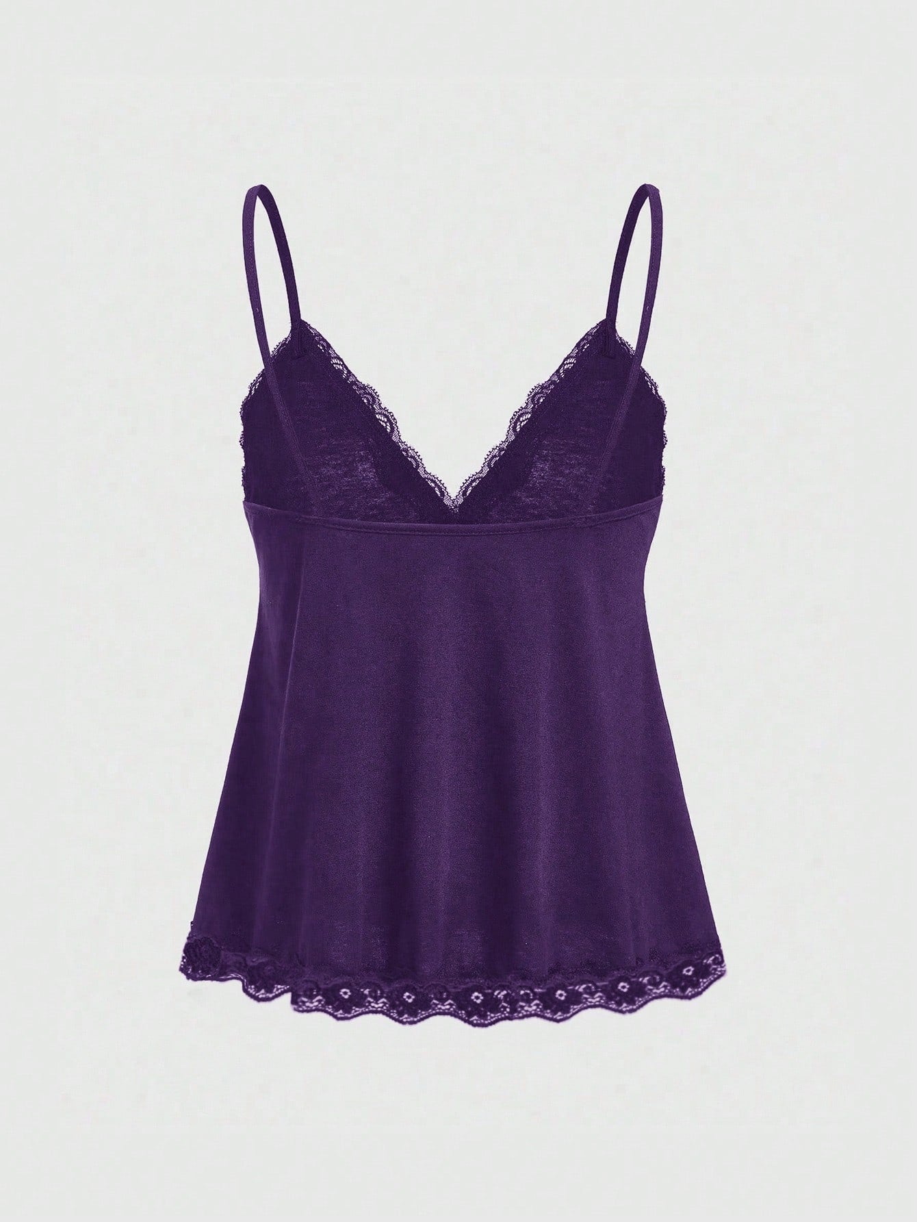 Women's spaghetti strap camisole with contrast lace patchwork, slim fit silhouette, plain design, and flared hem.