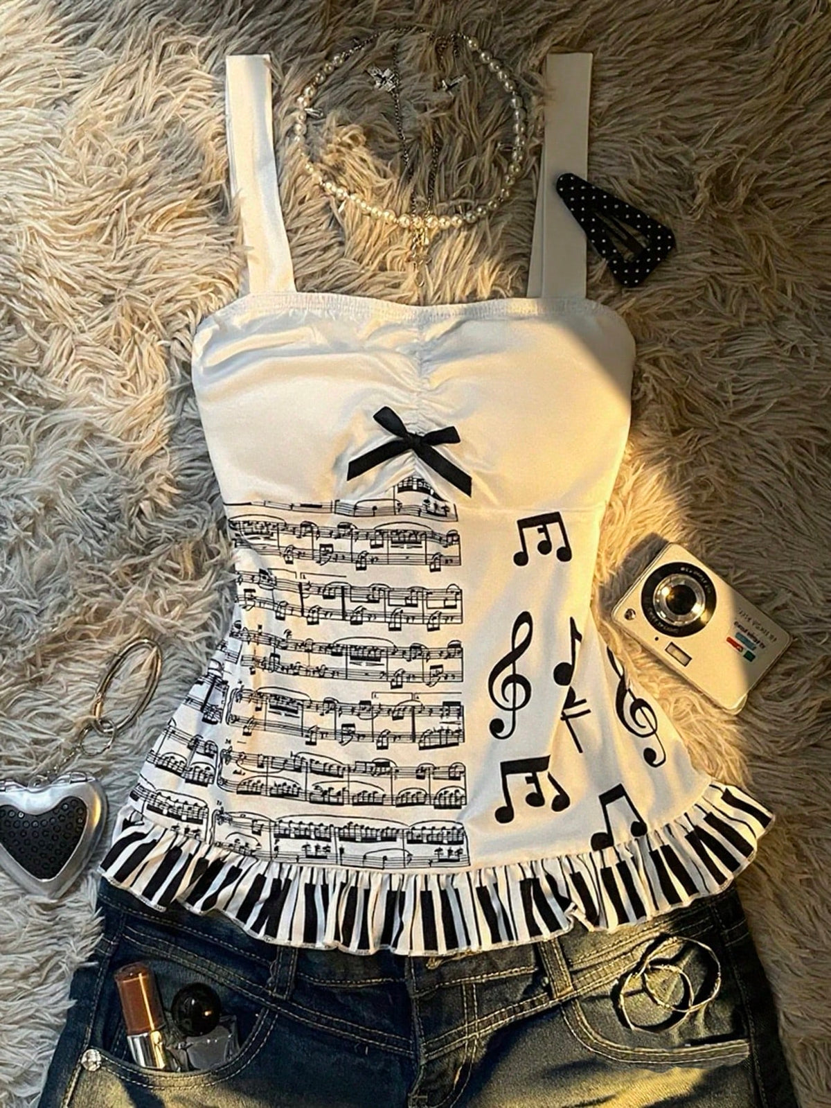 Multicolor Y2K slim fit crop top with wide straps, polka dot print, ruched shirred design, bow accents, and a flared ruffle hem.