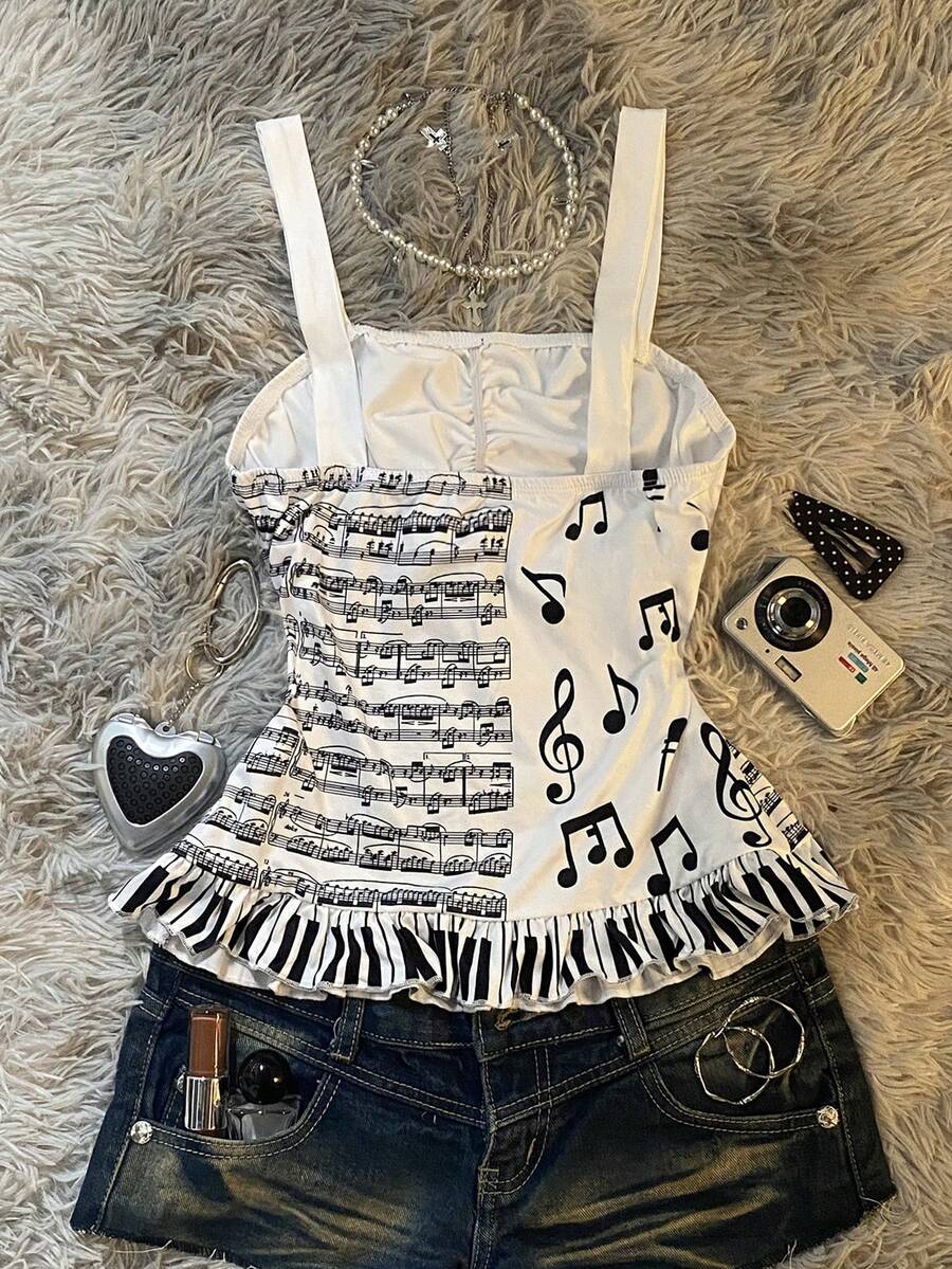 Multicolor Y2K slim fit crop top with wide straps, polka dot print, ruched shirred design, bow accents, and a flared ruffle hem.