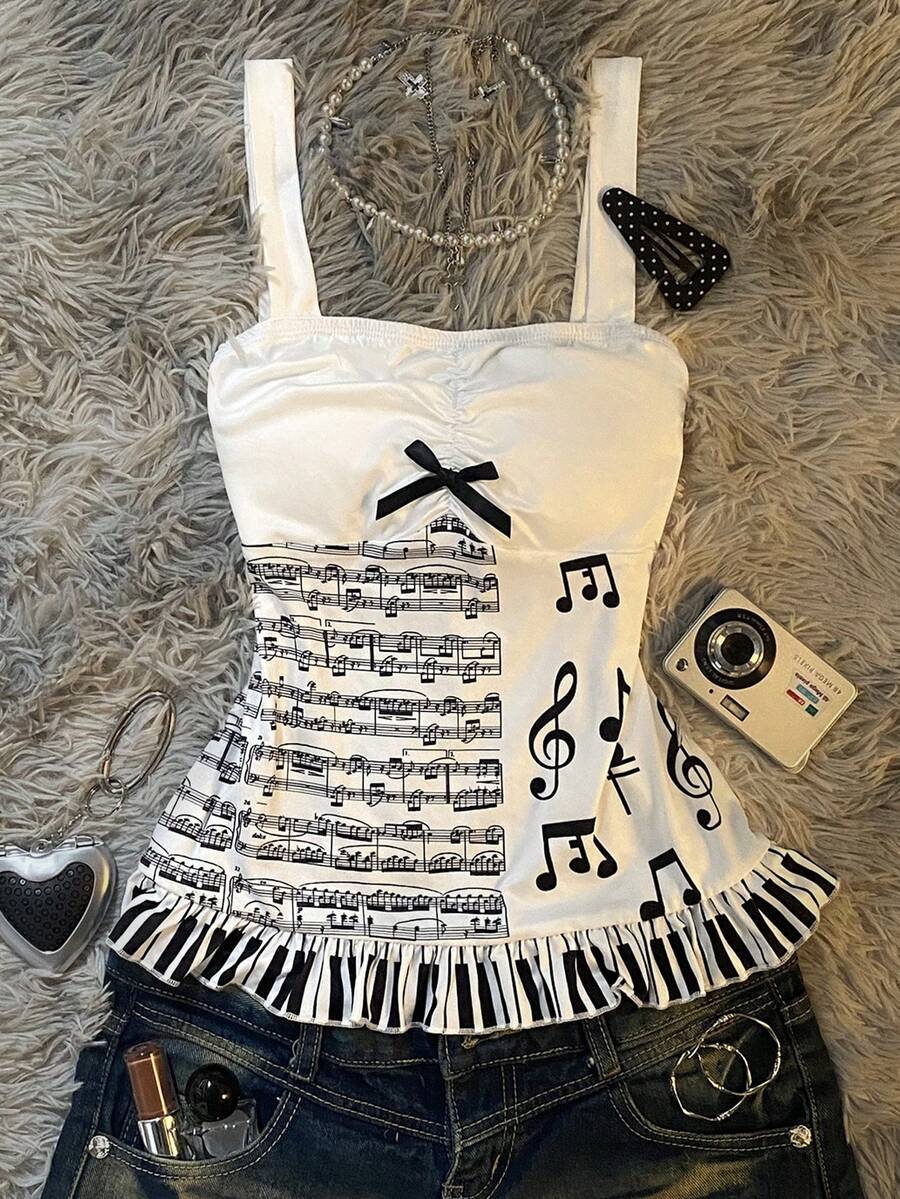 Multicolor Y2K slim fit crop top with wide straps, polka dot print, ruched shirred design, bow accents, and a flared ruffle hem.