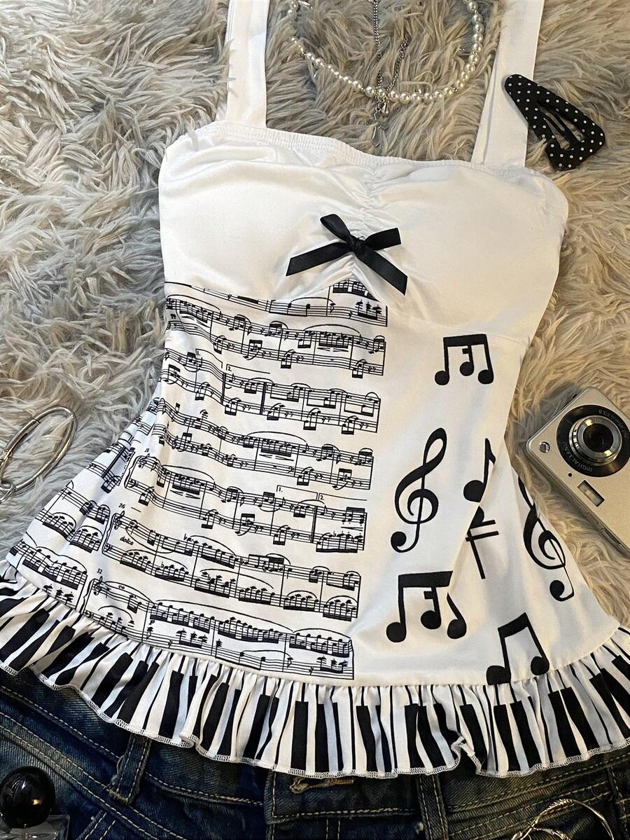 Multicolor Y2K slim fit crop top with wide straps, polka dot print, ruched shirred design, bow accents, and a flared ruffle hem.