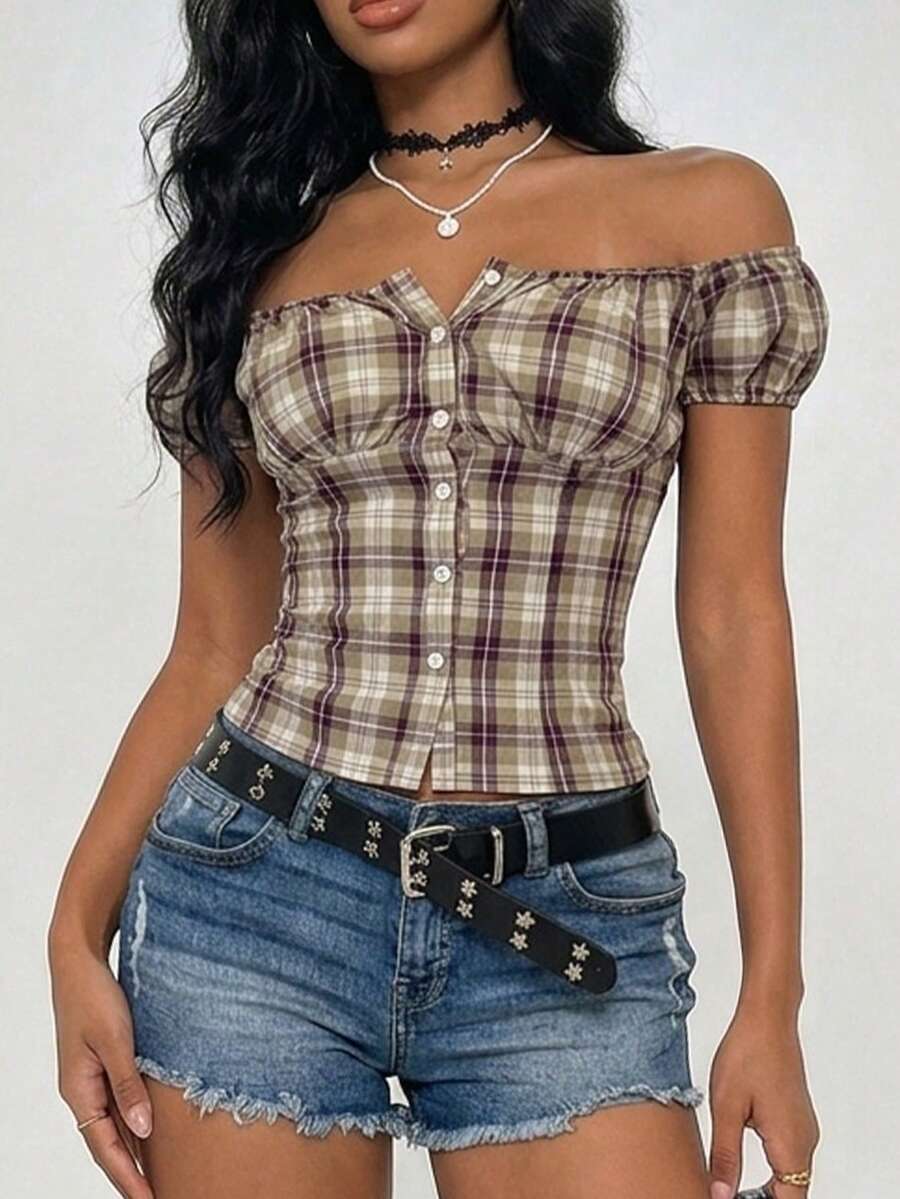 Women's army green plaid off-the-shoulder shirt with short puff sleeves, front button closure, flared hem, and lace-up grommet eyelet details.