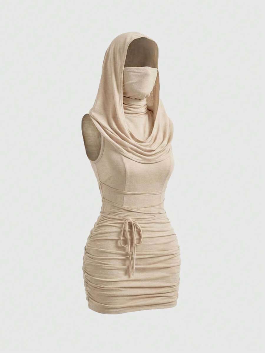 Front view of a sleeveless hooded cowl neck bodycon mini dress with draped collar detailing in knitted fabric.