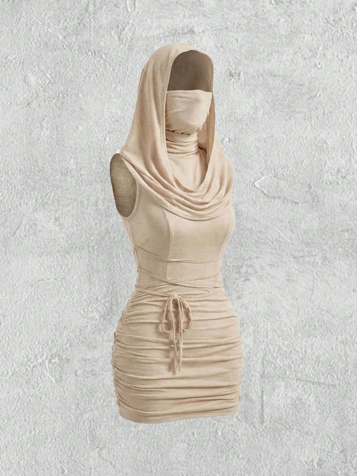 Front view of a sleeveless hooded cowl neck bodycon mini dress with draped collar detailing in knitted fabric.