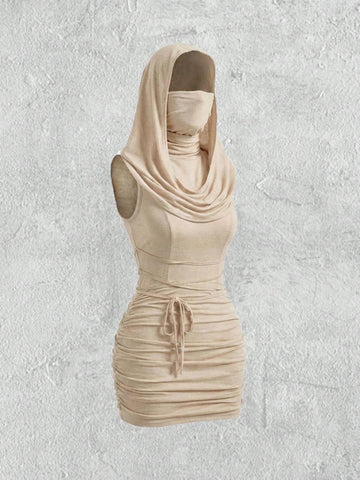 Front view of a sleeveless hooded cowl neck bodycon mini dress with draped collar detailing in knitted fabric.