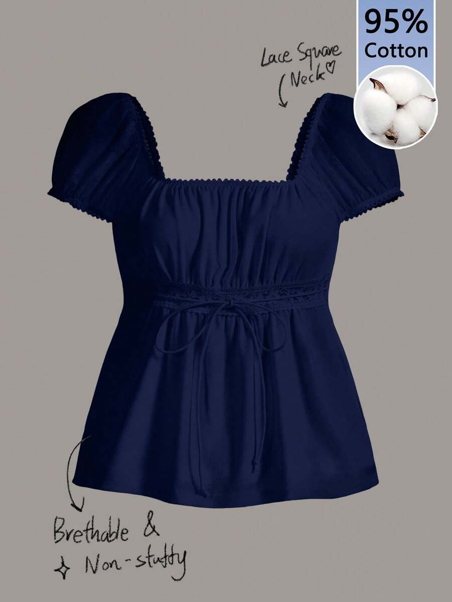 Women's black short puff sleeve top featuring a square neckline, ruched bust detail, and flared ruffle hem.