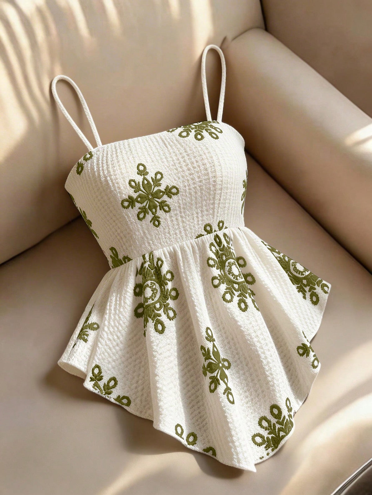 Women's floral snowflake print camisole top featuring spaghetti straps, slim fit, and an asymmetrical hem in navy blue knit fabric.