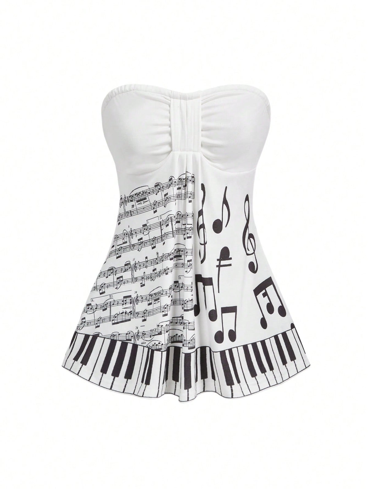 Women's striped strapless tube top featuring ruched detailing, flared hem, and stretchy knit fabric.