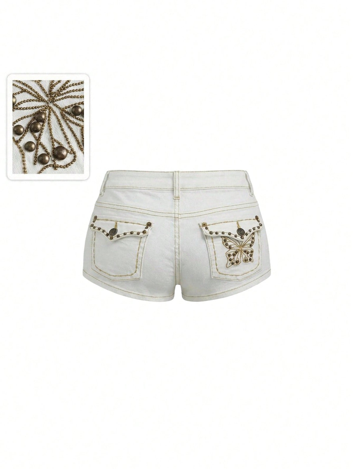 Women's Y2K low waist distressed shorts featuring butterfly studded details, pockets, and a zipper fly closure.