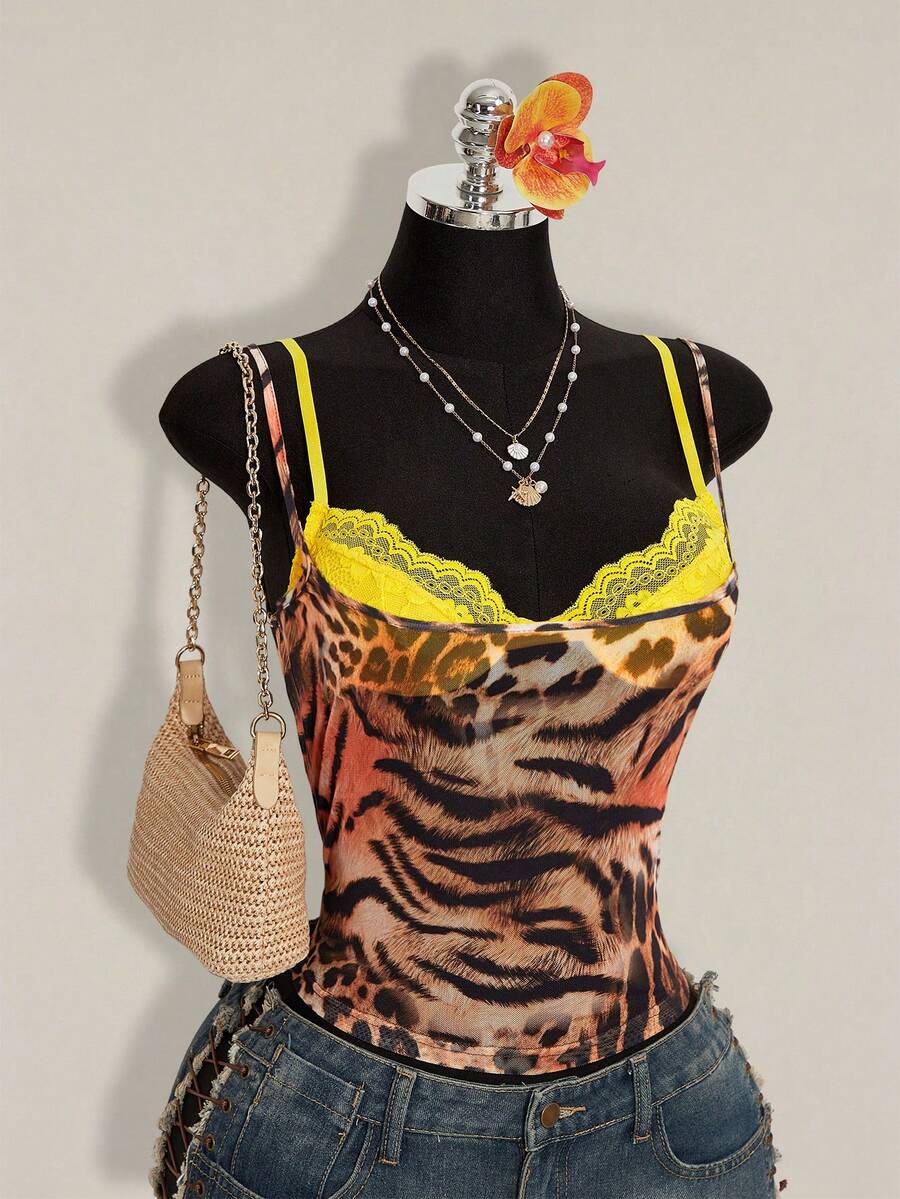 Women's grey leopard print spaghetti strap cami with black contrast lace trim and slim fit design