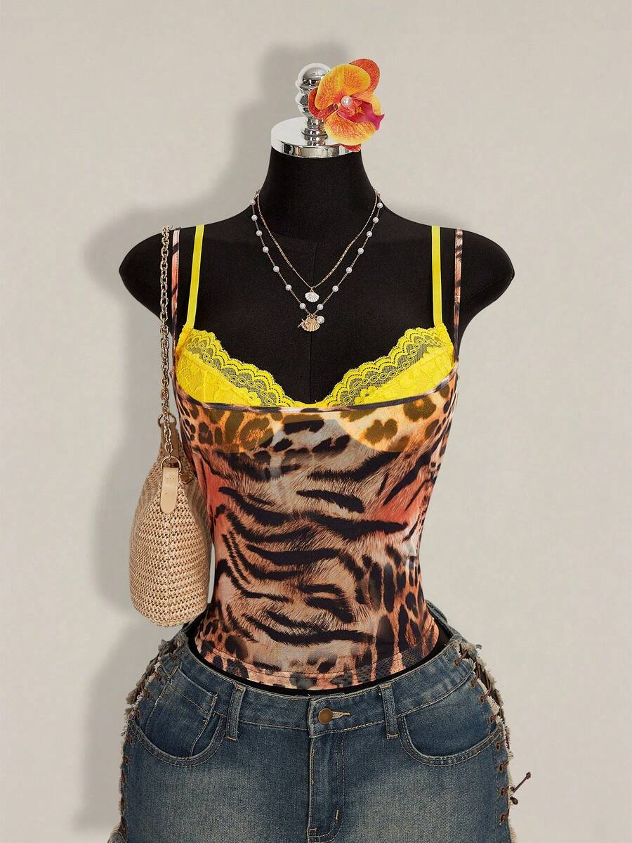 Women's grey leopard print spaghetti strap cami with black contrast lace trim and slim fit design