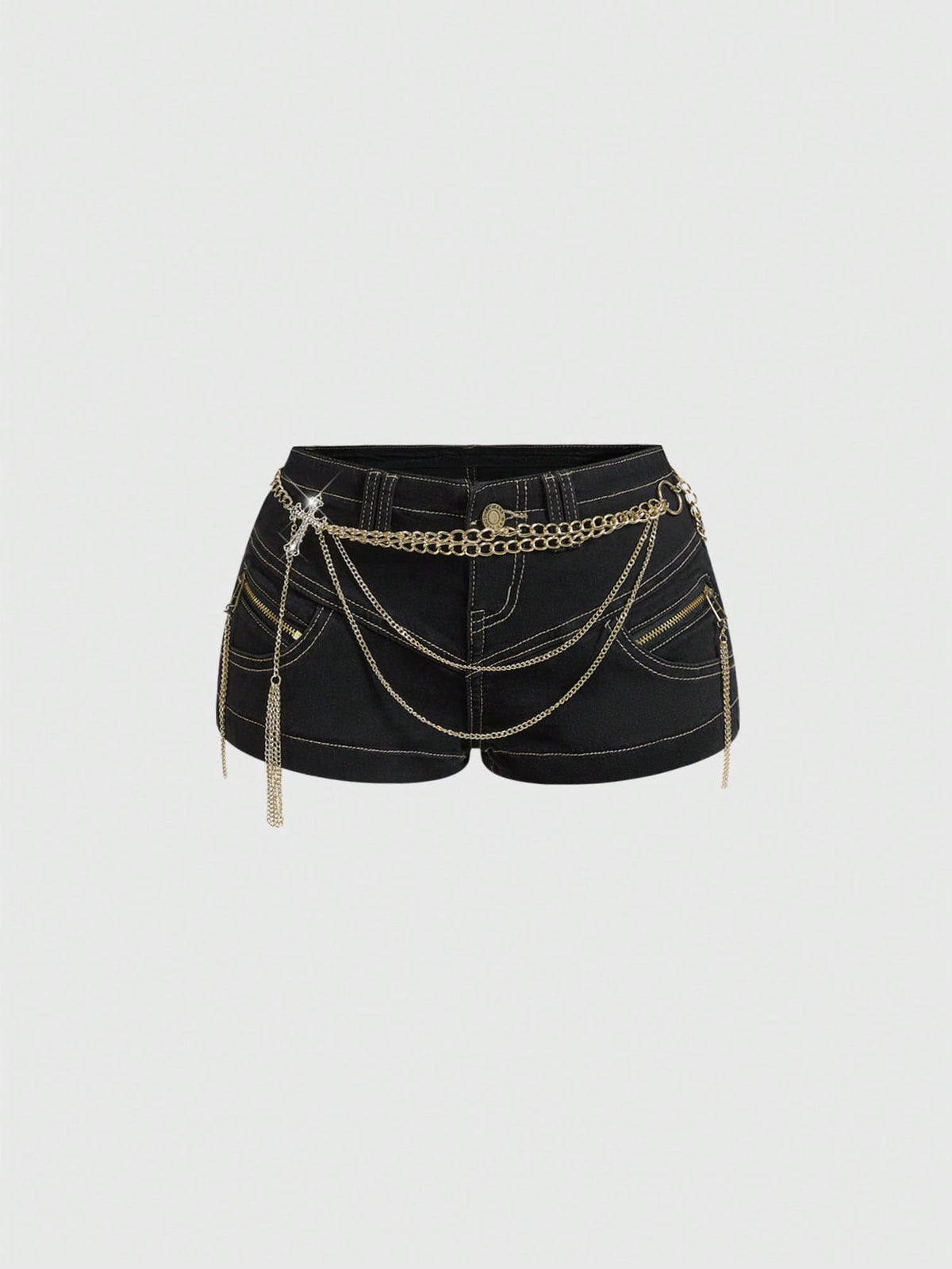 Ultra low-rise stretch denim mini shorts featuring a metal chain with cross pendant and rhinestone detailing.