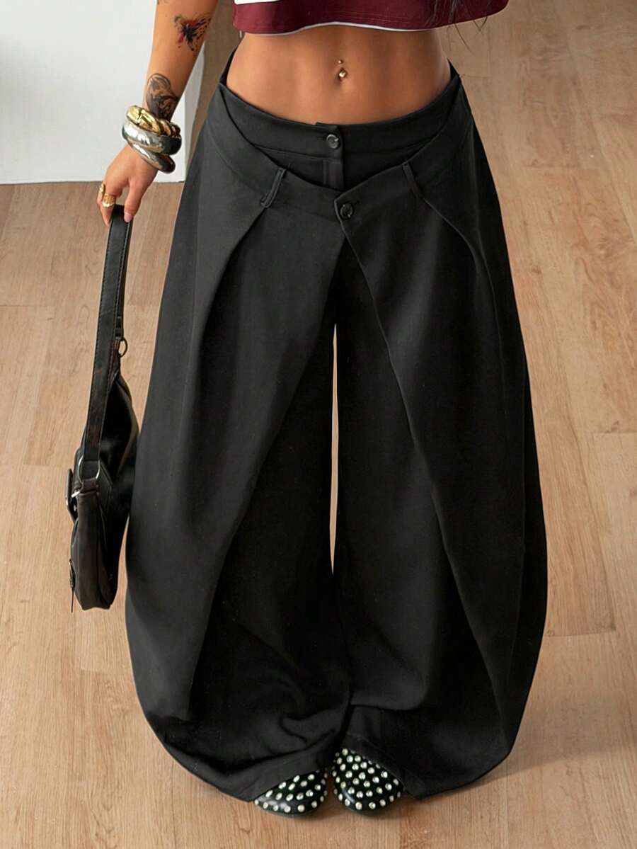 Women's loose fit pleated wide leg pants in royal blue pinstripe woven fabric with zipper fly closure.