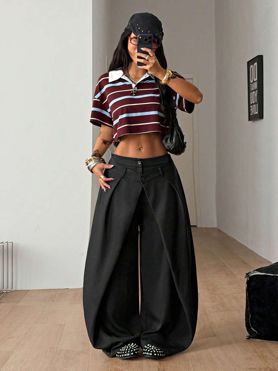 Women's loose fit pleated wide leg pants in royal blue pinstripe woven fabric with zipper fly closure.