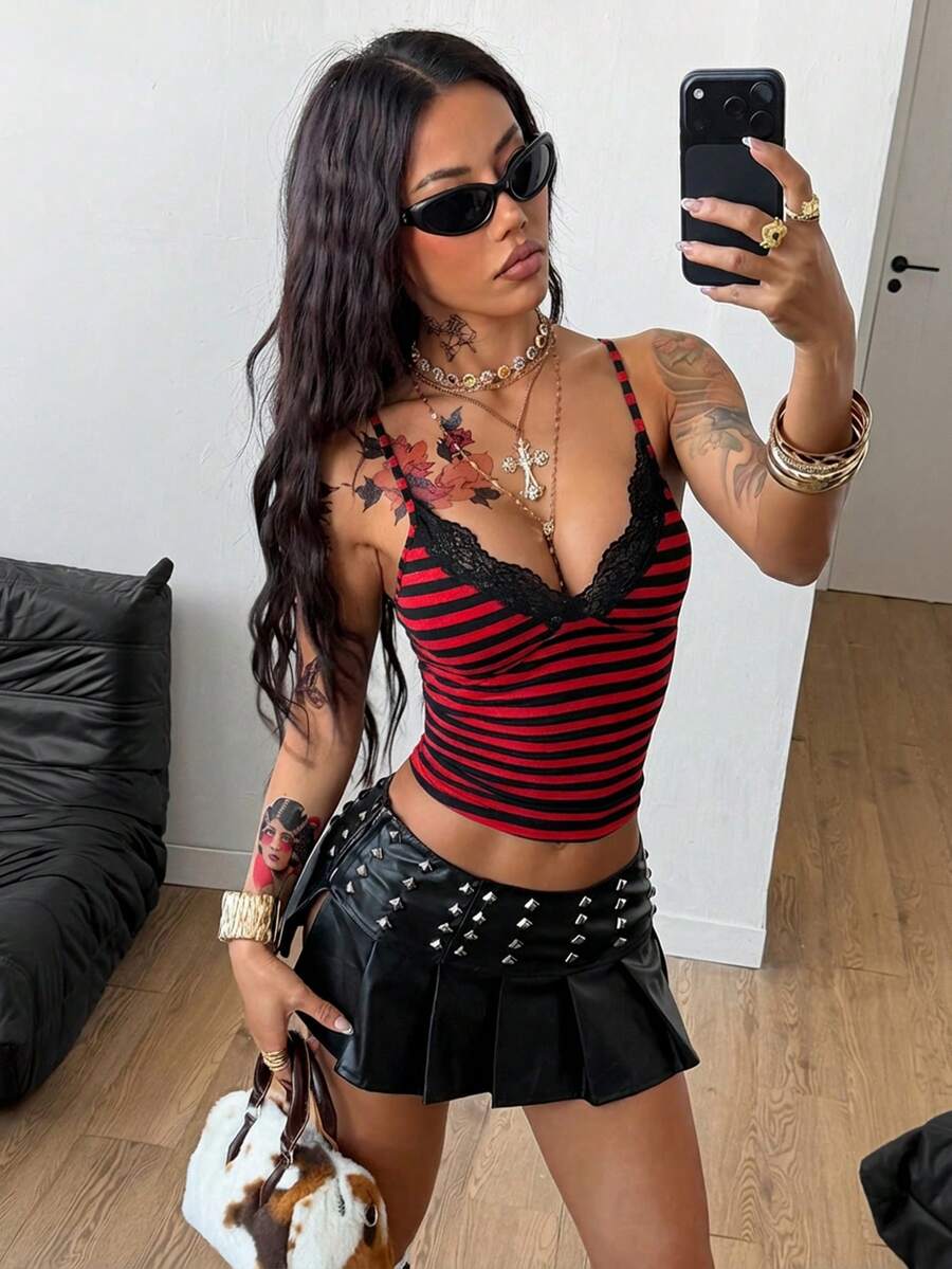 Women's slim fit red and black striped tank top with contrast lace trim, bow accent, and spaghetti straps.