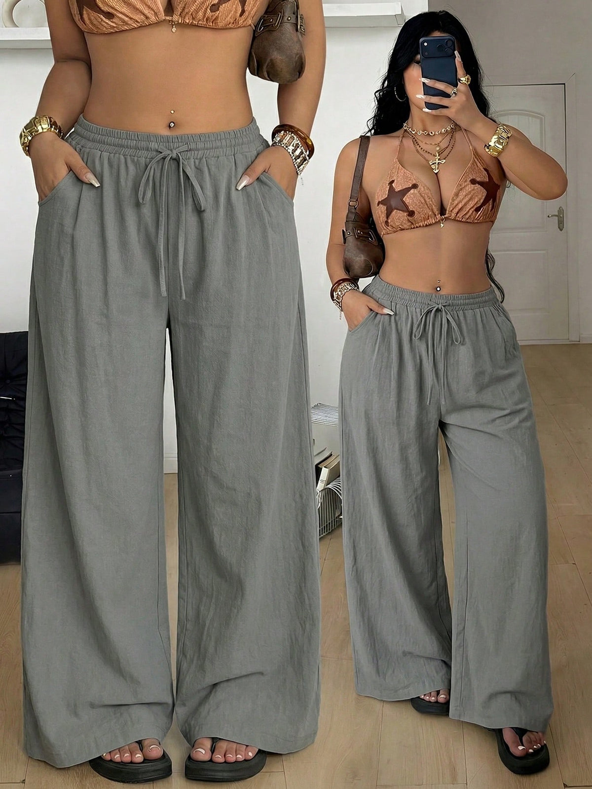 Women's loose straight leg cotton pants featuring a high waist with an adjustable drawstring knot and functional side pockets.