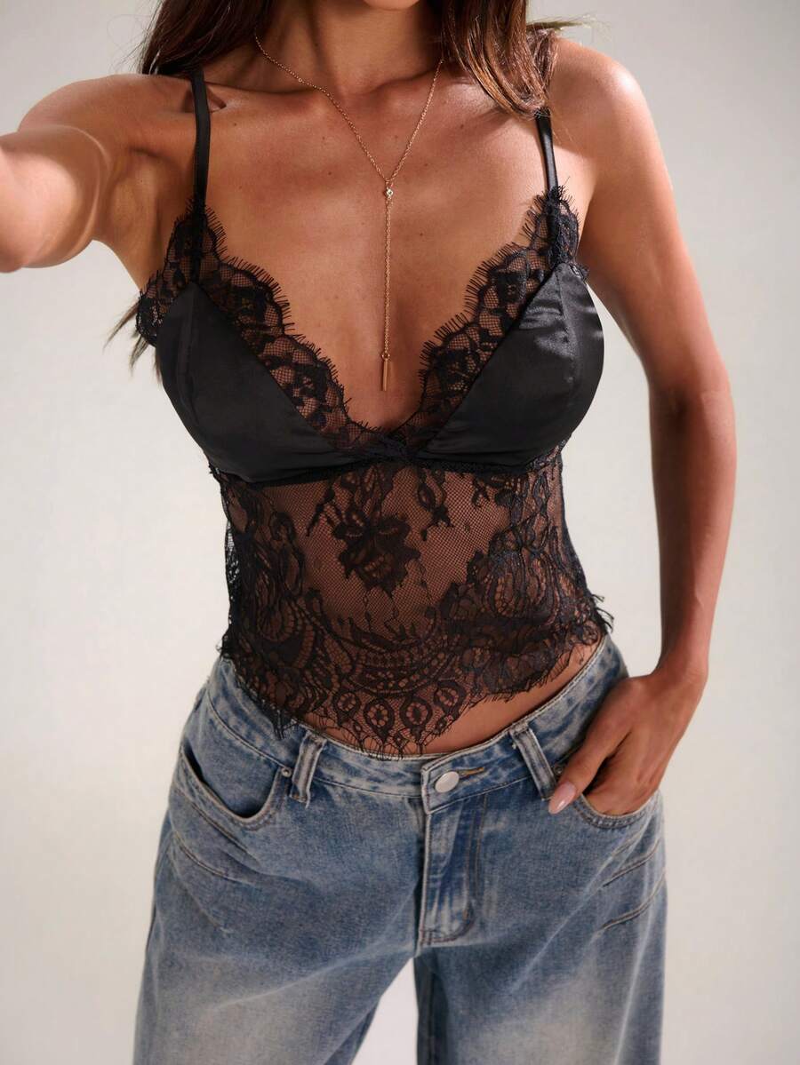 Women's slim fit spaghetti strap camisole top featuring contrast lace patchwork, backless design, and plant pattern.
