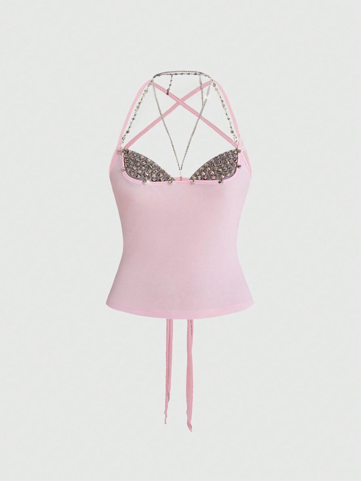 Y2K grunge punk halter backless crop top with criss-cross tie knot design and matching arm sleeves.