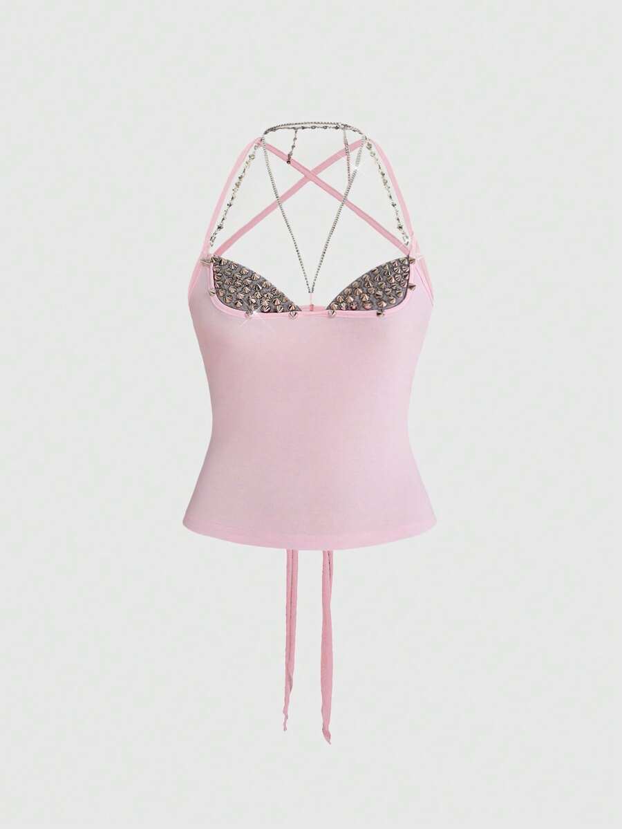 Y2K grunge punk halter backless crop top with criss-cross tie knot design and matching arm sleeves.